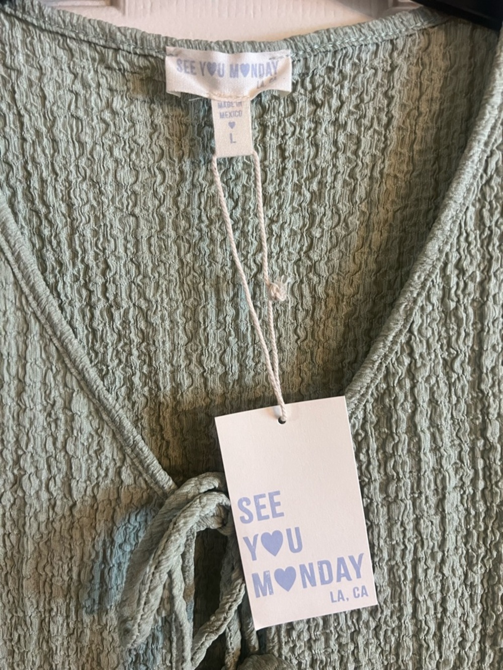 See You Monday Sage Green Textured Tie-Front Tank Top - Picture 2 of 5